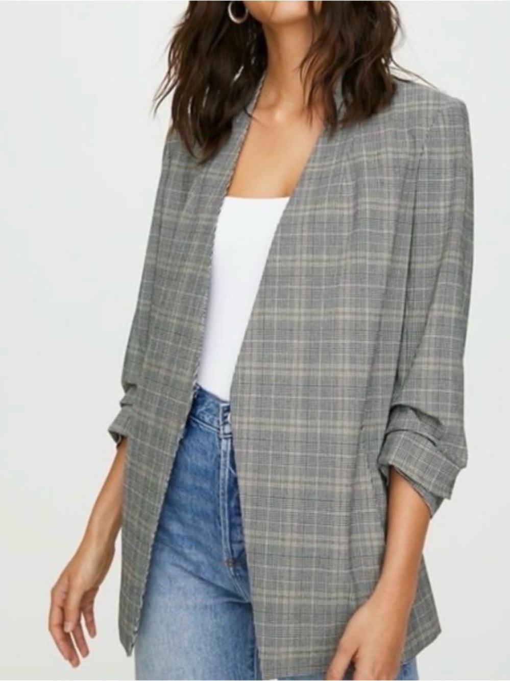 Aritzia Babaton Grey Plaid Open-Front Blazer Jacket